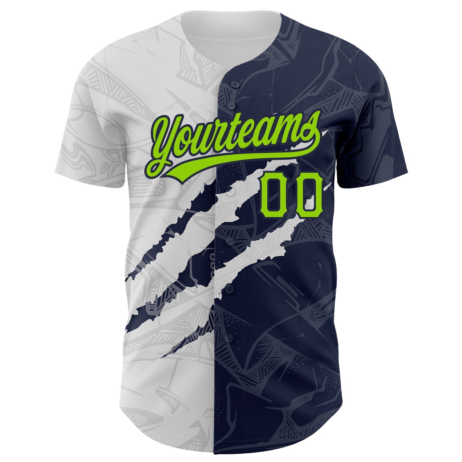 Custom Graffiti Pattern Neon Green-Navy 3D Scratch Authentic Baseball Jersey baseball jersey product view 2