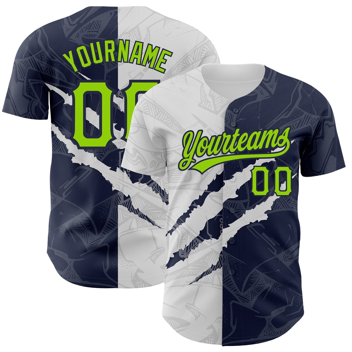 Custom Graffiti Pattern Neon Green-Navy 3D Scratch Authentic Baseball Jersey baseball jersey product view 1