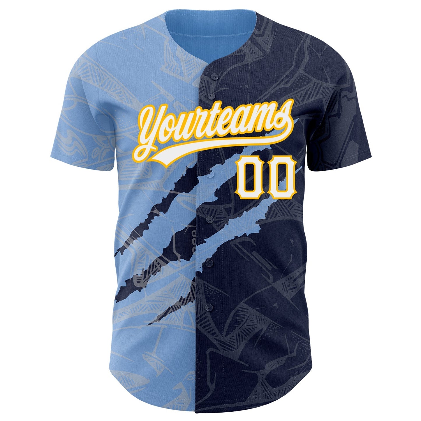 Custom Graffiti Pattern Navy Light Blue-Gold 3D Scratch Authentic Baseball Jersey baseball jersey product view 2