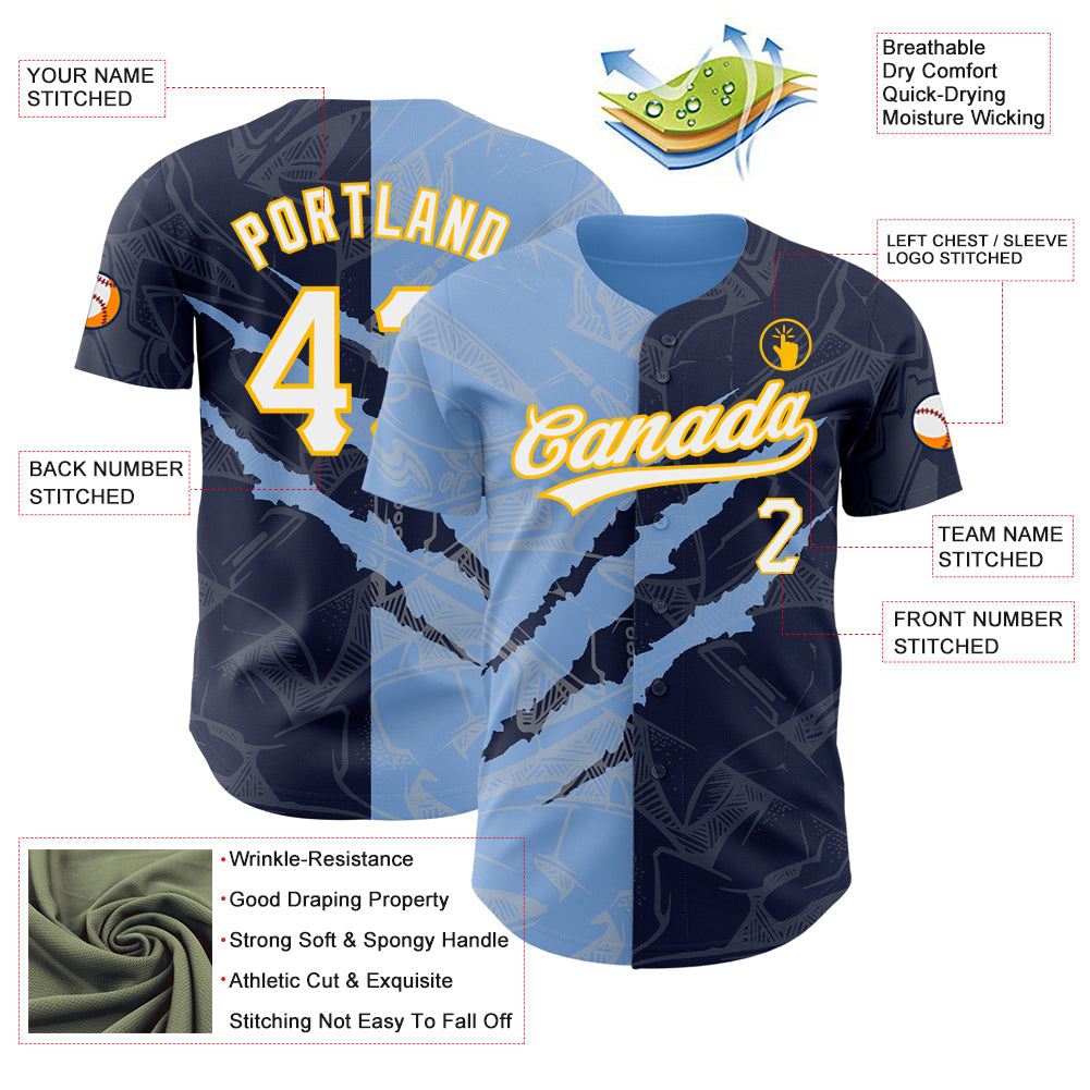 Custom Graffiti Pattern Navy Light Blue-Gold 3D Scratch Authentic Baseball Jersey baseball jersey product view 3