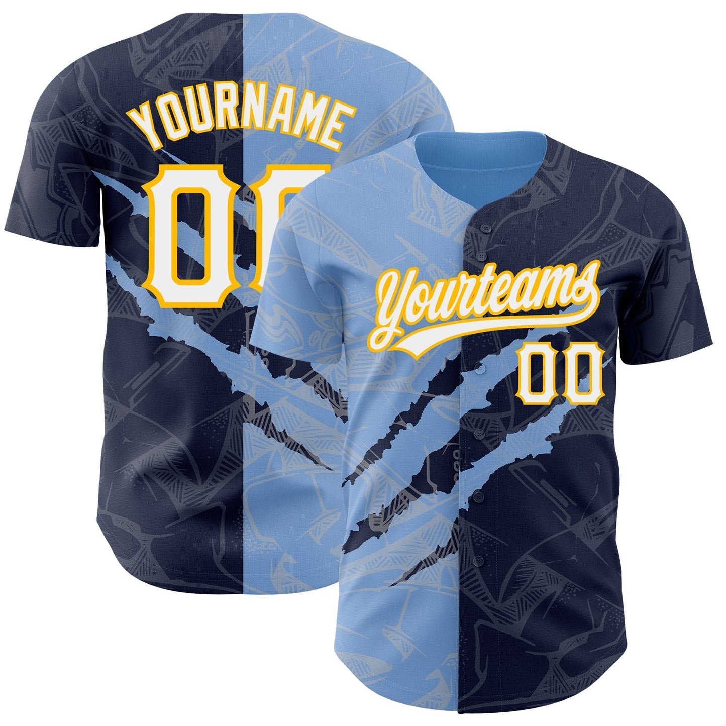 Custom Graffiti Pattern Navy Light Blue-Gold 3D Scratch Authentic Baseball Jersey baseball jersey product view 1