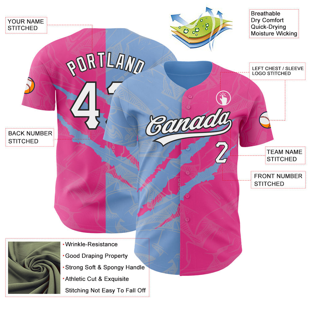 Custom Graffiti Pattern Pink Light Blue-Black 3D Scratch Authentic Baseball Jersey baseball jersey product view 3