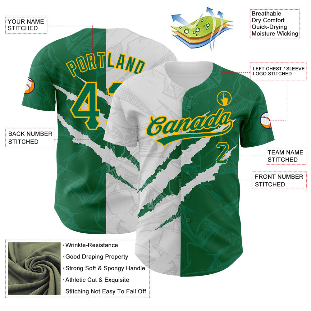 Custom Graffiti Pattern Kelly Green-Gold 3D Scratch Authentic Baseball Jersey baseball jersey product view 3