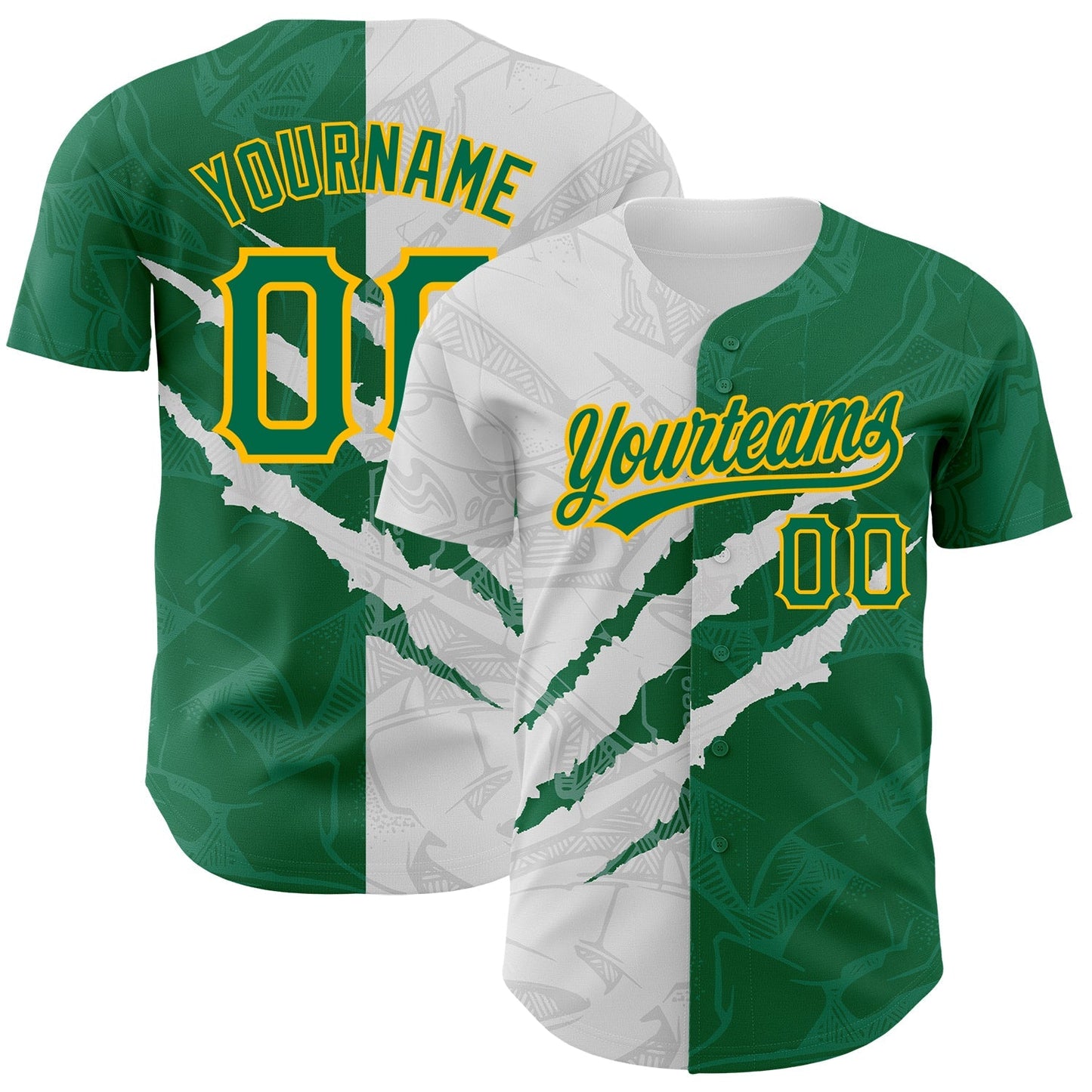 Custom Graffiti Pattern Kelly Green-Gold 3D Scratch Authentic Baseball Jersey baseball jersey product view 1