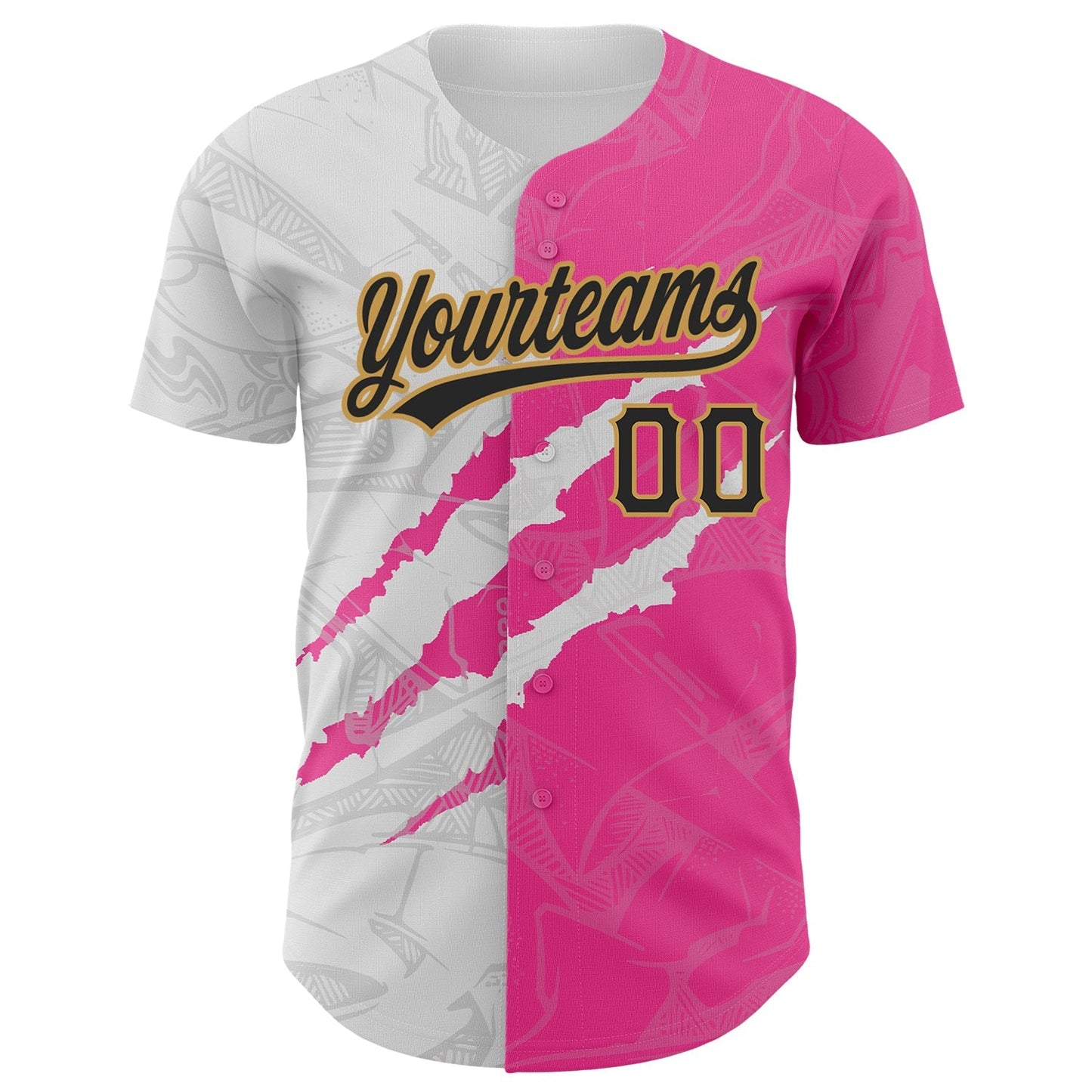 Custom Graffiti Pattern Black Pink-Old Gold 3D Scratch Authentic Baseball Jersey baseball jersey product view 2
