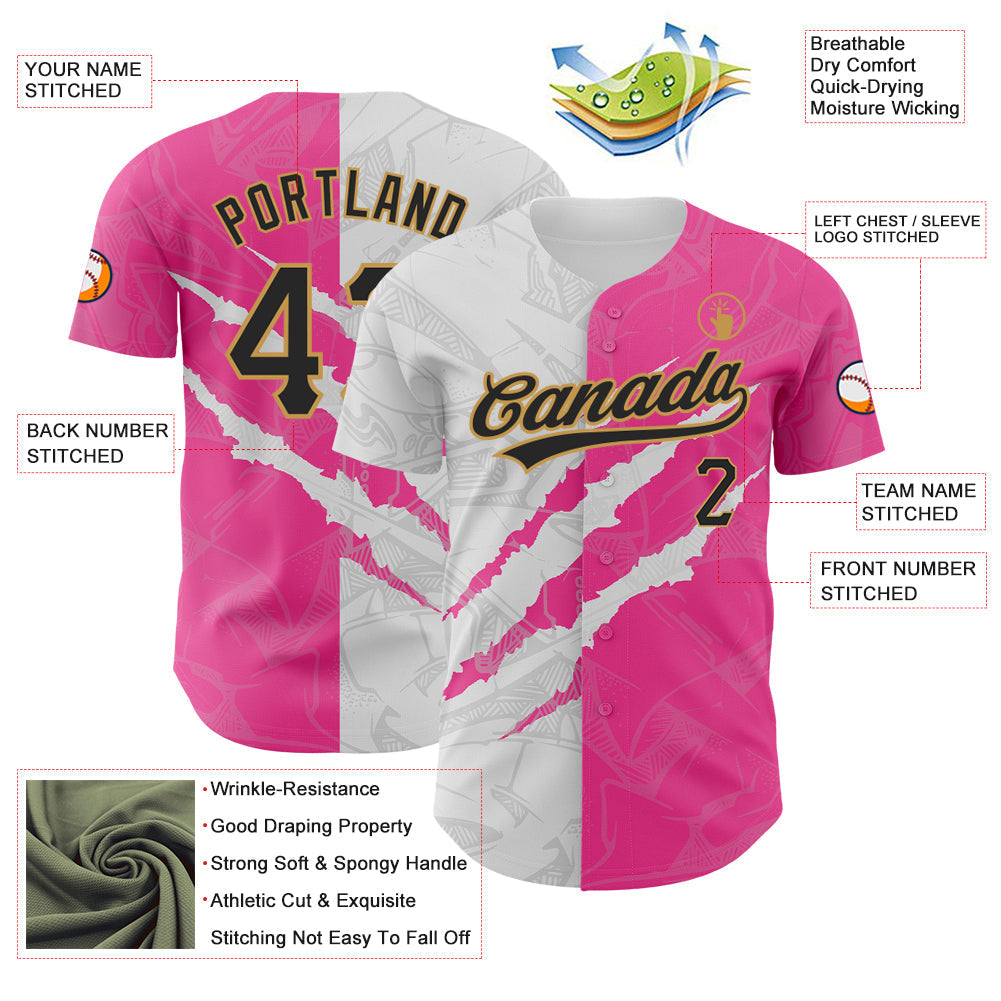Custom Graffiti Pattern Black Pink-Old Gold 3D Scratch Authentic Baseball Jersey baseball jersey product view 3