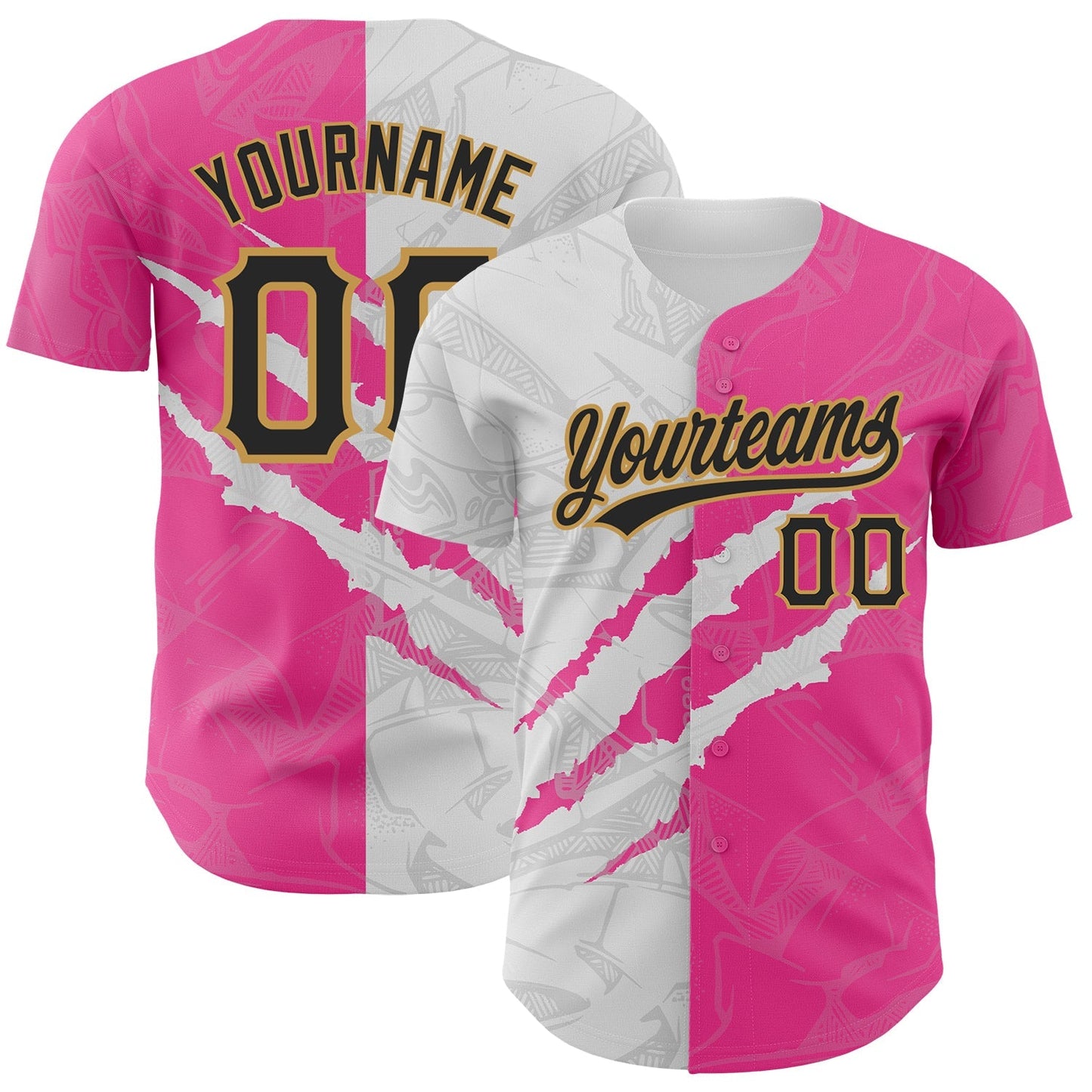 Custom Graffiti Pattern Black Pink-Old Gold 3D Scratch Authentic Baseball Jersey baseball jersey product view 1