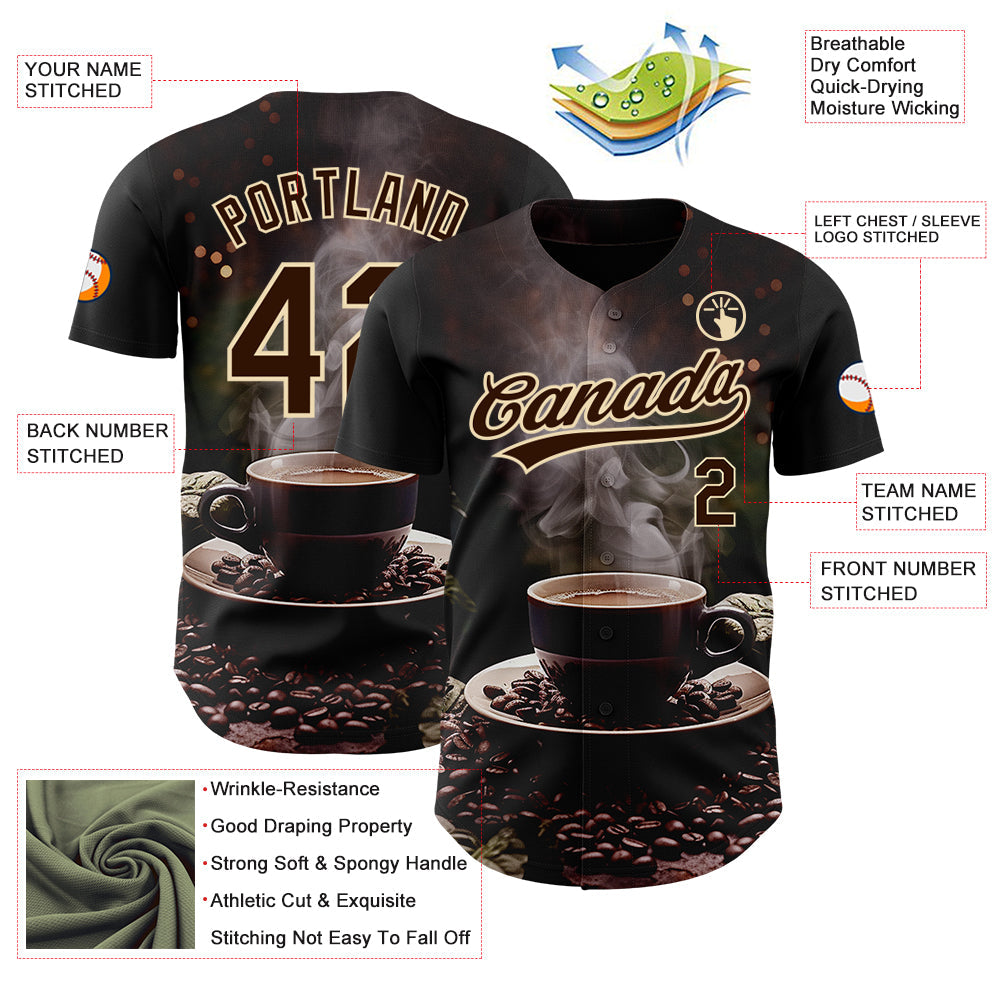 Custom Black Brown Cream 3D Pattern Design International Coffee Day Authentic Baseball Jersey baseball jersey product view 3