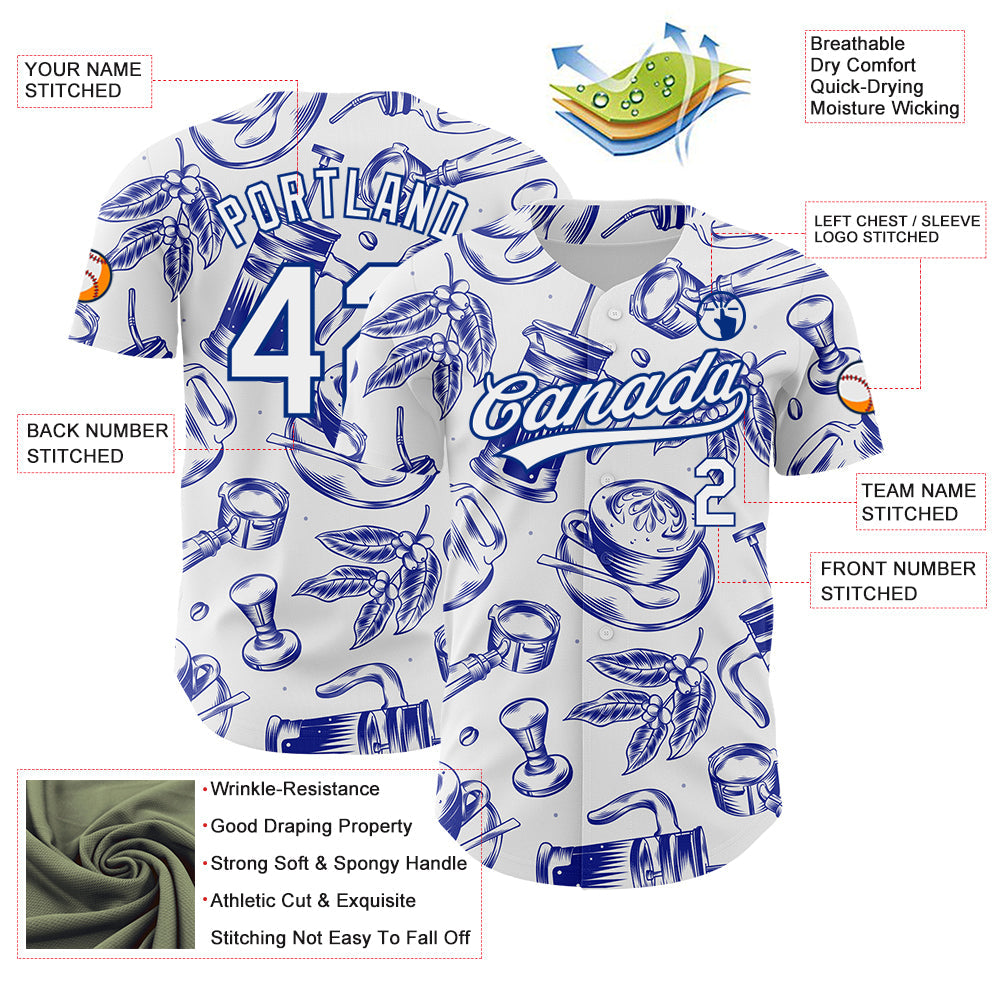 Custom White Royal 3D Pattern Design International Coffee Day Authentic Baseball Jersey baseball jersey product view 3