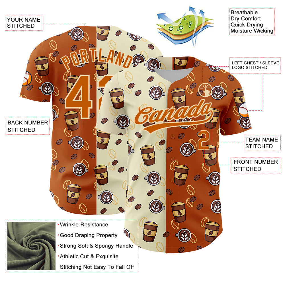 Custom Cream Texas Orange 3D Pattern Design International Coffee Day Authentic Baseball Jersey baseball jersey product view 3