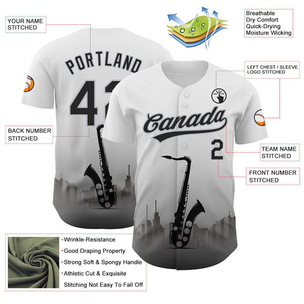 Custom White Black-Gray 3D Pattern Design City Of Jazz Music Authentic Baseball Jersey baseball jersey product view 3