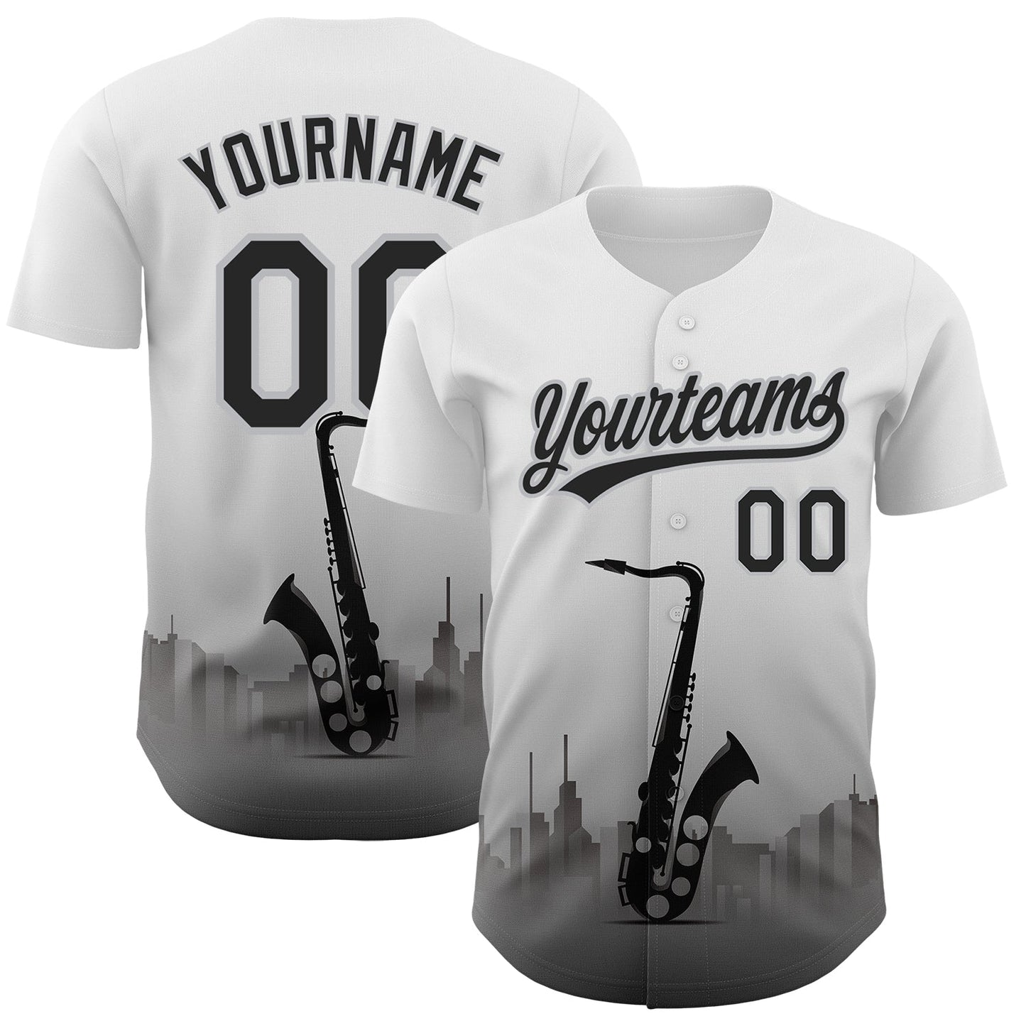 Custom White Black-Gray 3D Pattern Design City Of Jazz Music Authentic Baseball Jersey baseball jersey product view 1