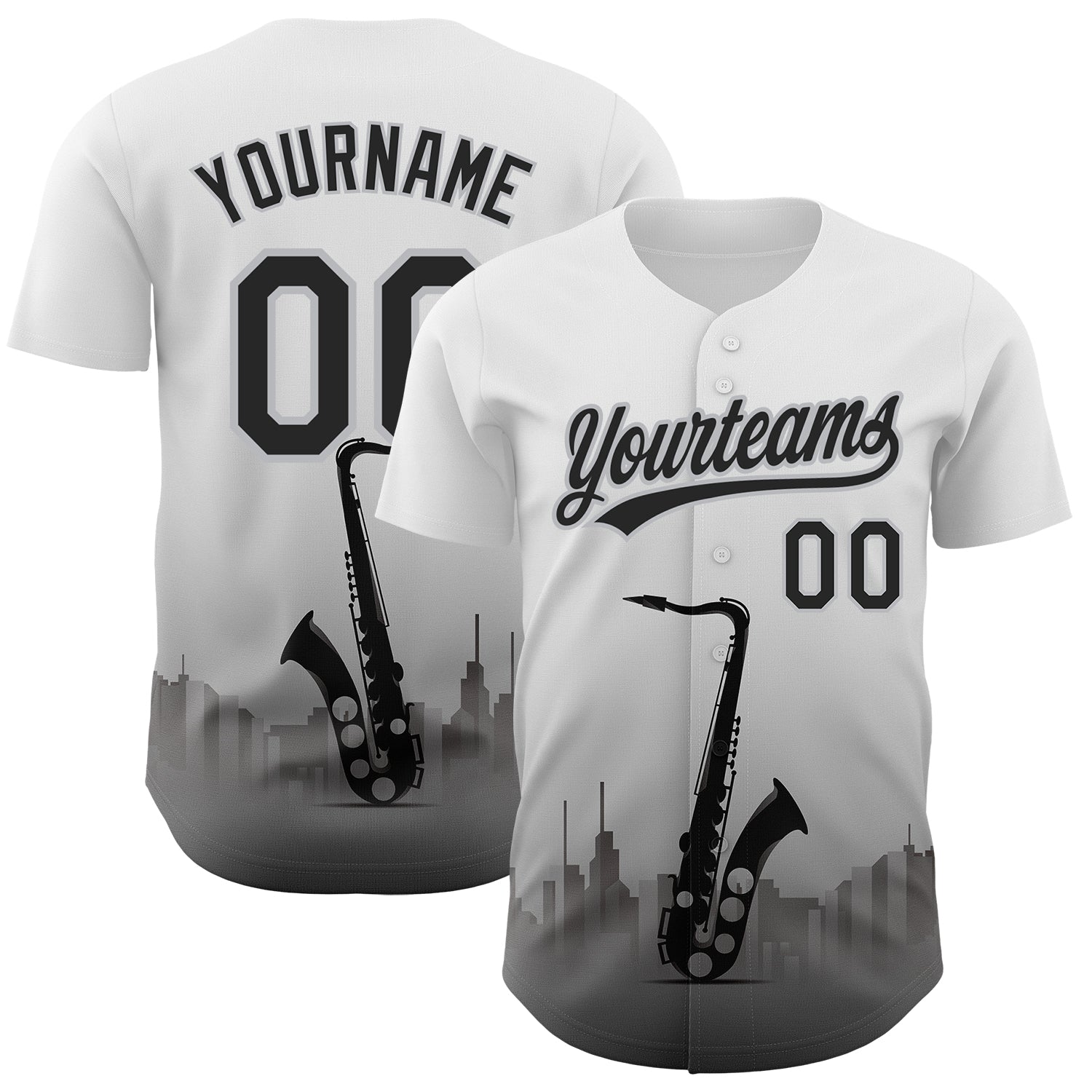 Custom White Black-Gray 3D Pattern Design City Of Jazz Music Authentic Baseball Jersey baseball jersey product view 1