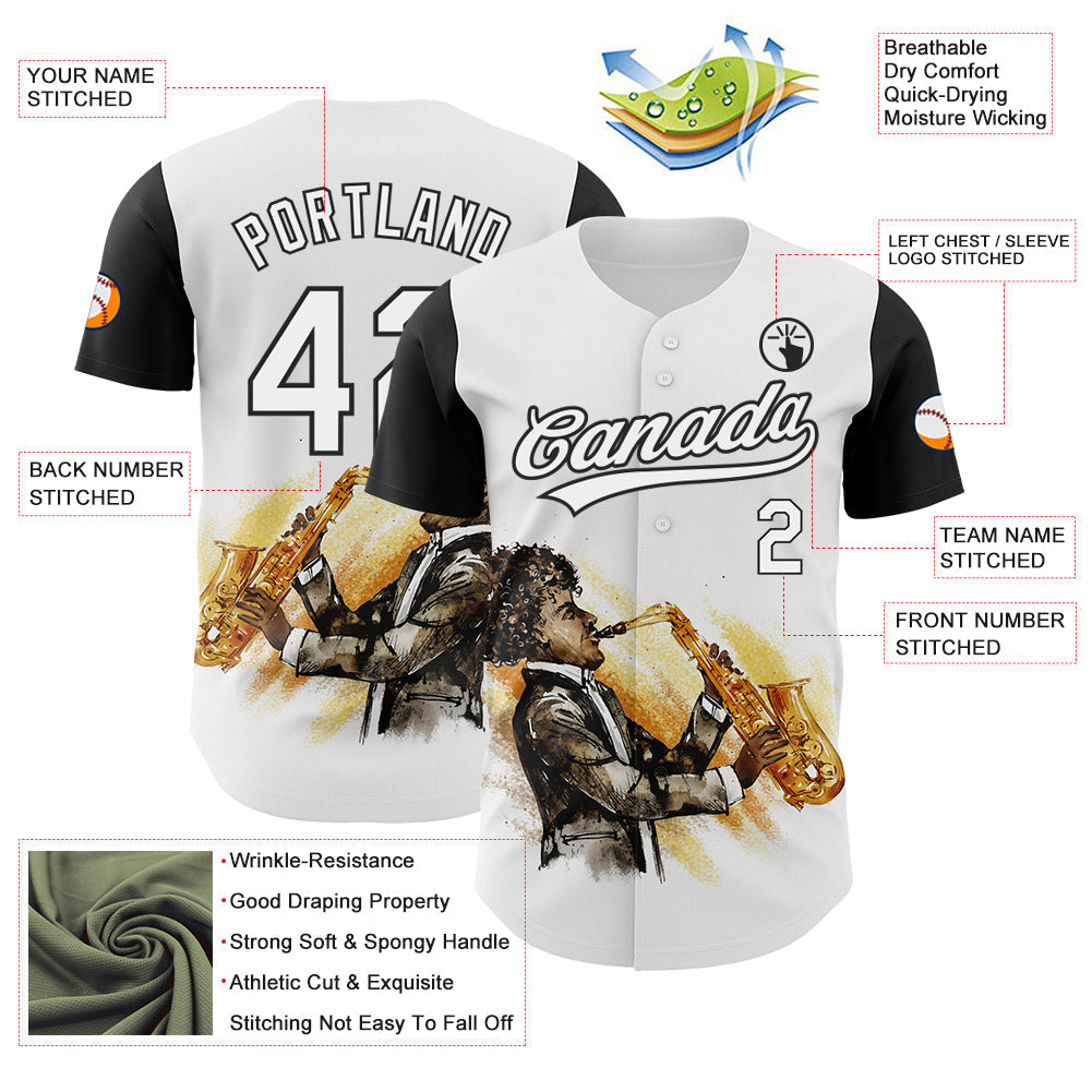 Custom White Black 3D Pattern Design International Jazz Day Authentic Baseball Jersey baseball jersey product view 3