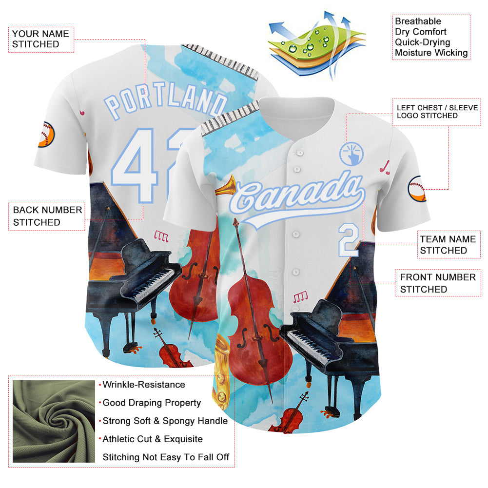 Custom White Light Blue 3D Pattern Design Music Festival Authentic Baseball Jersey baseball jersey product view 3