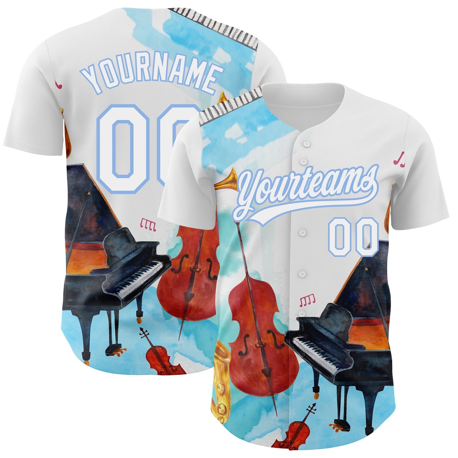 Custom White Light Blue 3D Pattern Design Music Festival Authentic Baseball Jersey baseball jersey product view 1