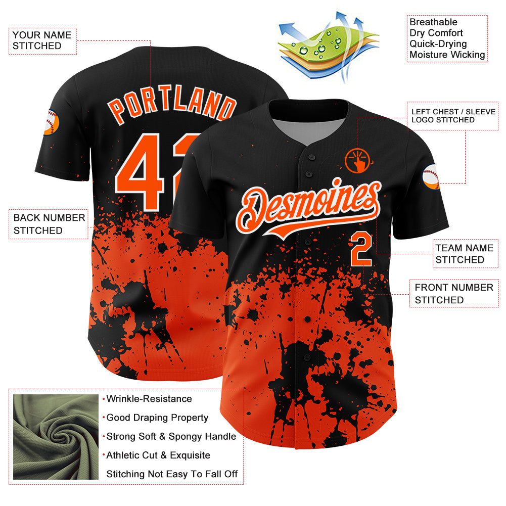 Custom Black Orange-White 3D Pattern Design Abstract Splash Grunge Art Authentic Baseball Jersey baseball jersey product view 3