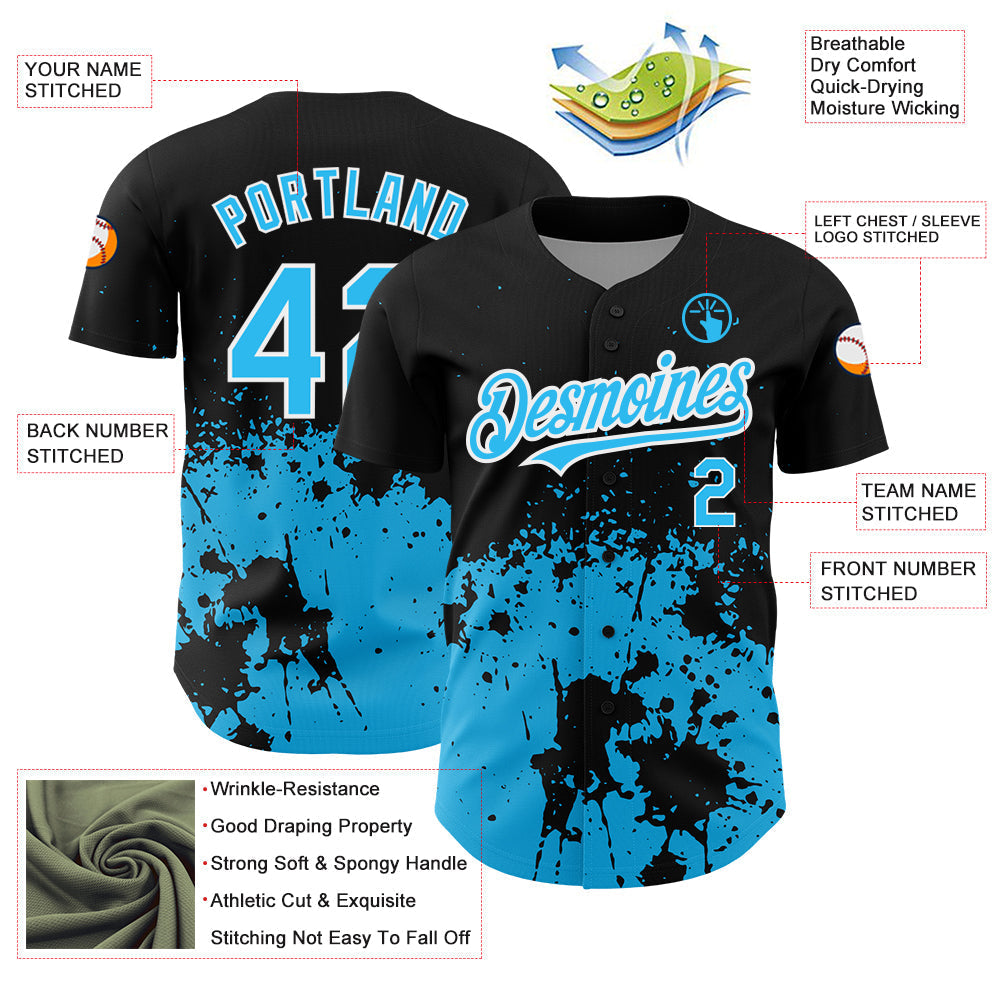 Custom Black Sky Blue-White 3D Pattern Design Abstract Splash Grunge Art Authentic Baseball Jersey baseball jersey product view 3
