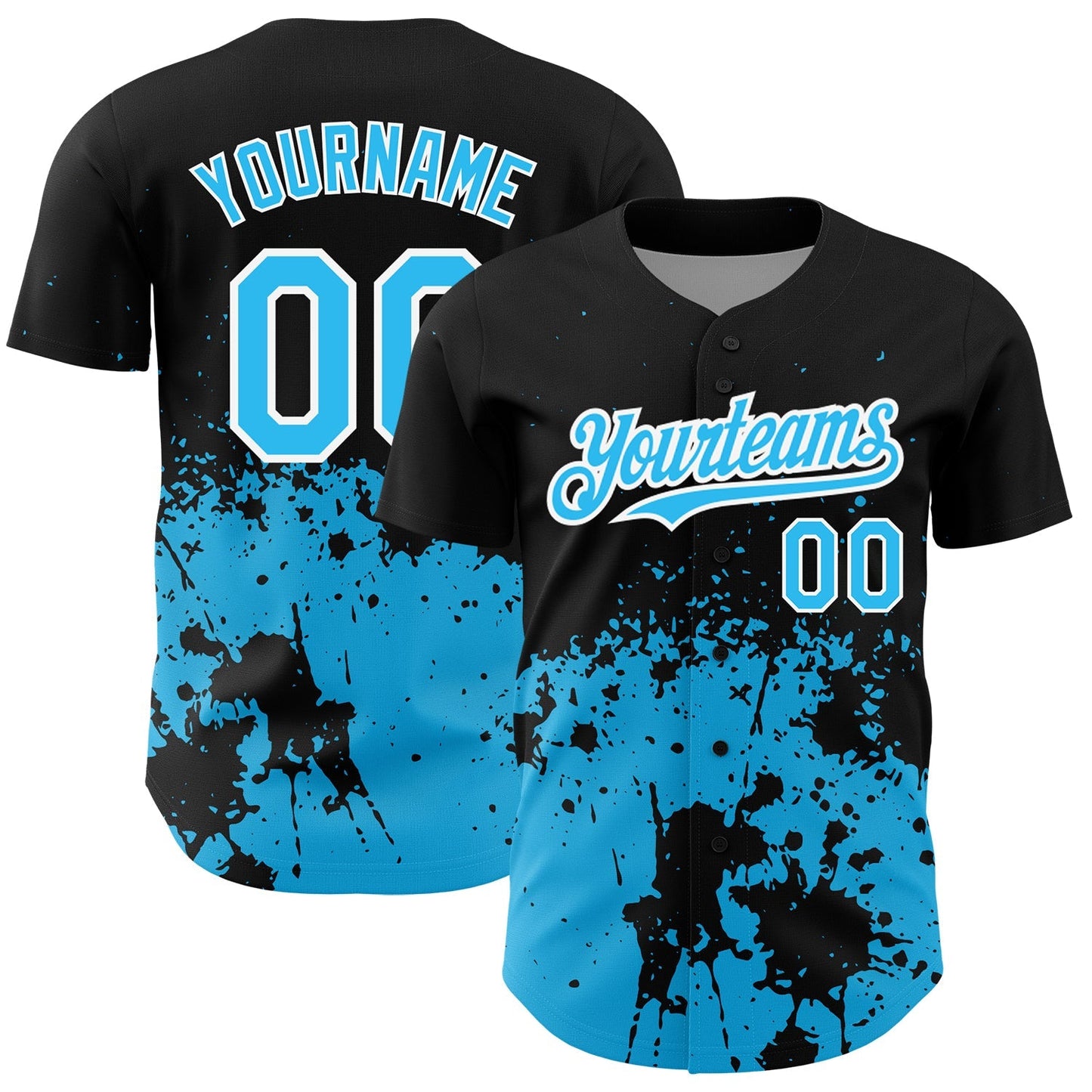 Custom Black Sky Blue-White 3D Pattern Design Abstract Splash Grunge Art Authentic Baseball Jersey baseball jersey product view 1