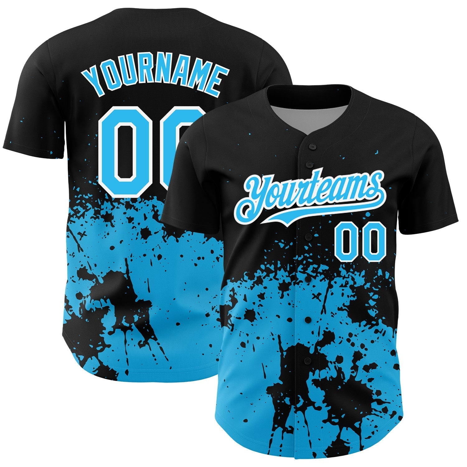 Custom Black Sky Blue-White 3D Pattern Design Abstract Splash Grunge Art Authentic Baseball Jersey baseball jersey product view 1