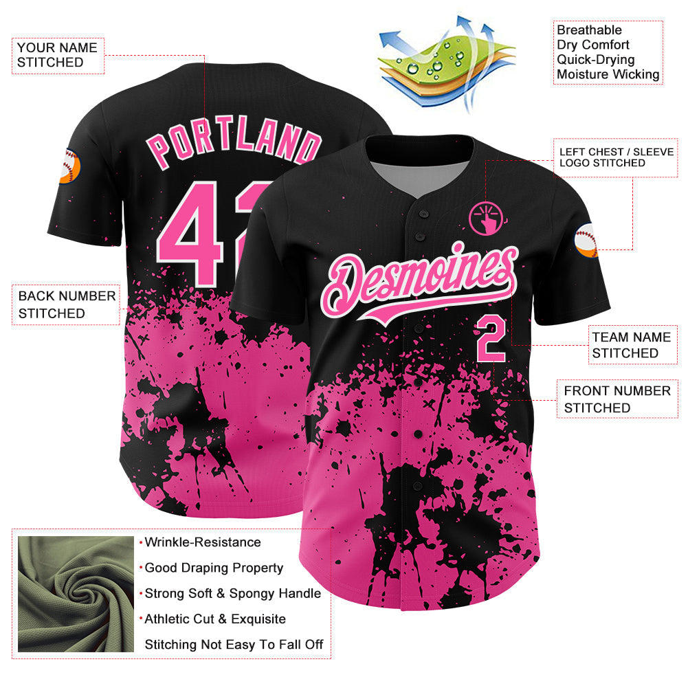 Custom Black Pink-White 3D Pattern Design Abstract Splash Grunge Art Authentic Baseball Jersey baseball jersey product view 3