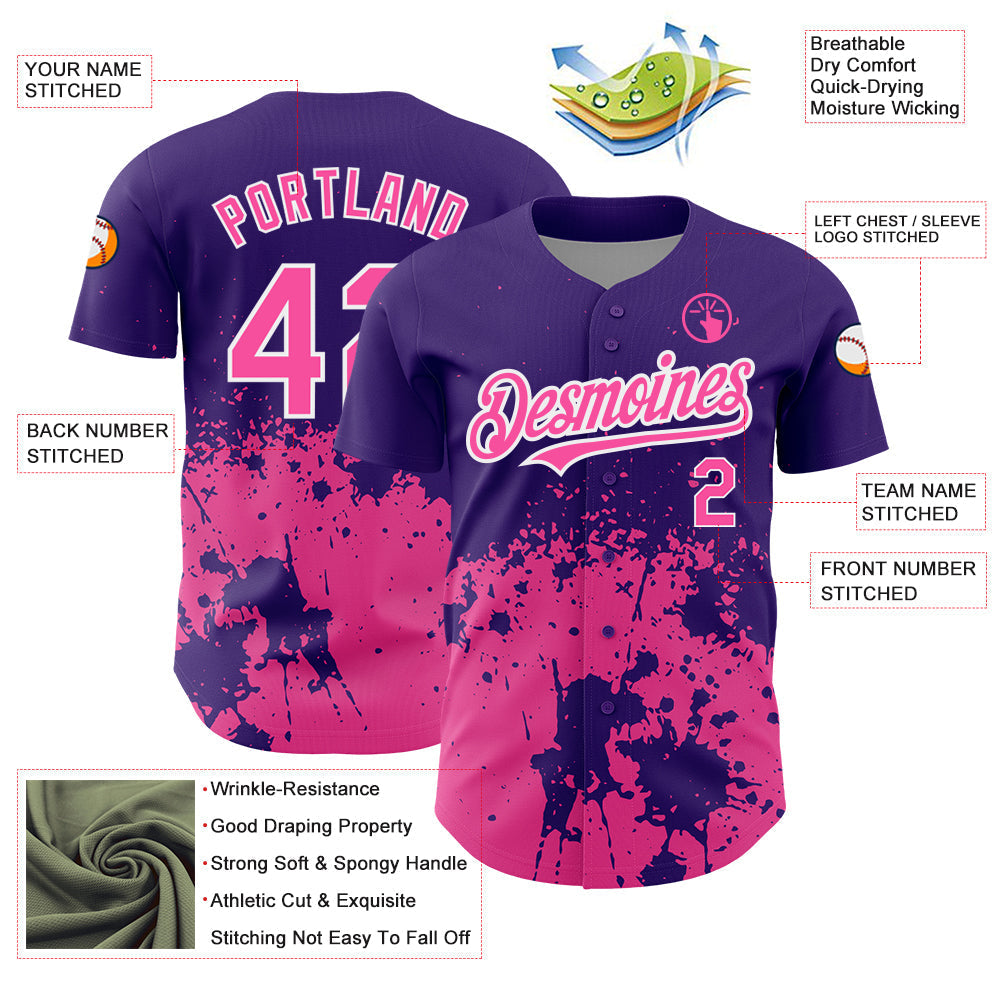 Custom Purple Pink-White 3D Pattern Design Abstract Splash Grunge Art Authentic Baseball Jersey baseball jersey product view 3