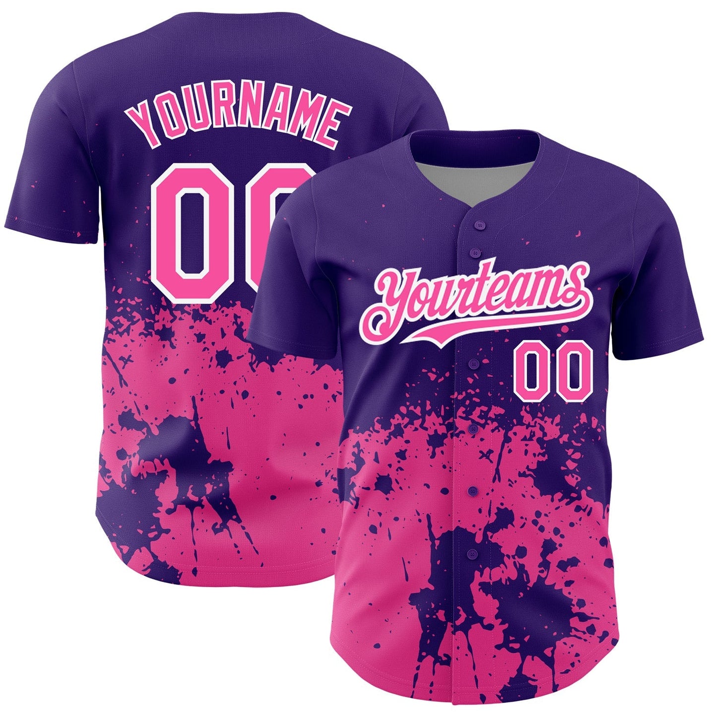 Custom Purple Pink-White 3D Pattern Design Abstract Splash Grunge Art Authentic Baseball Jersey baseball jersey product view 1