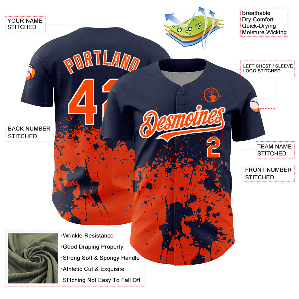Custom Navy Orange-White 3D Pattern Design Abstract Splash Grunge Art Authentic Baseball Jersey baseball jersey product view 3