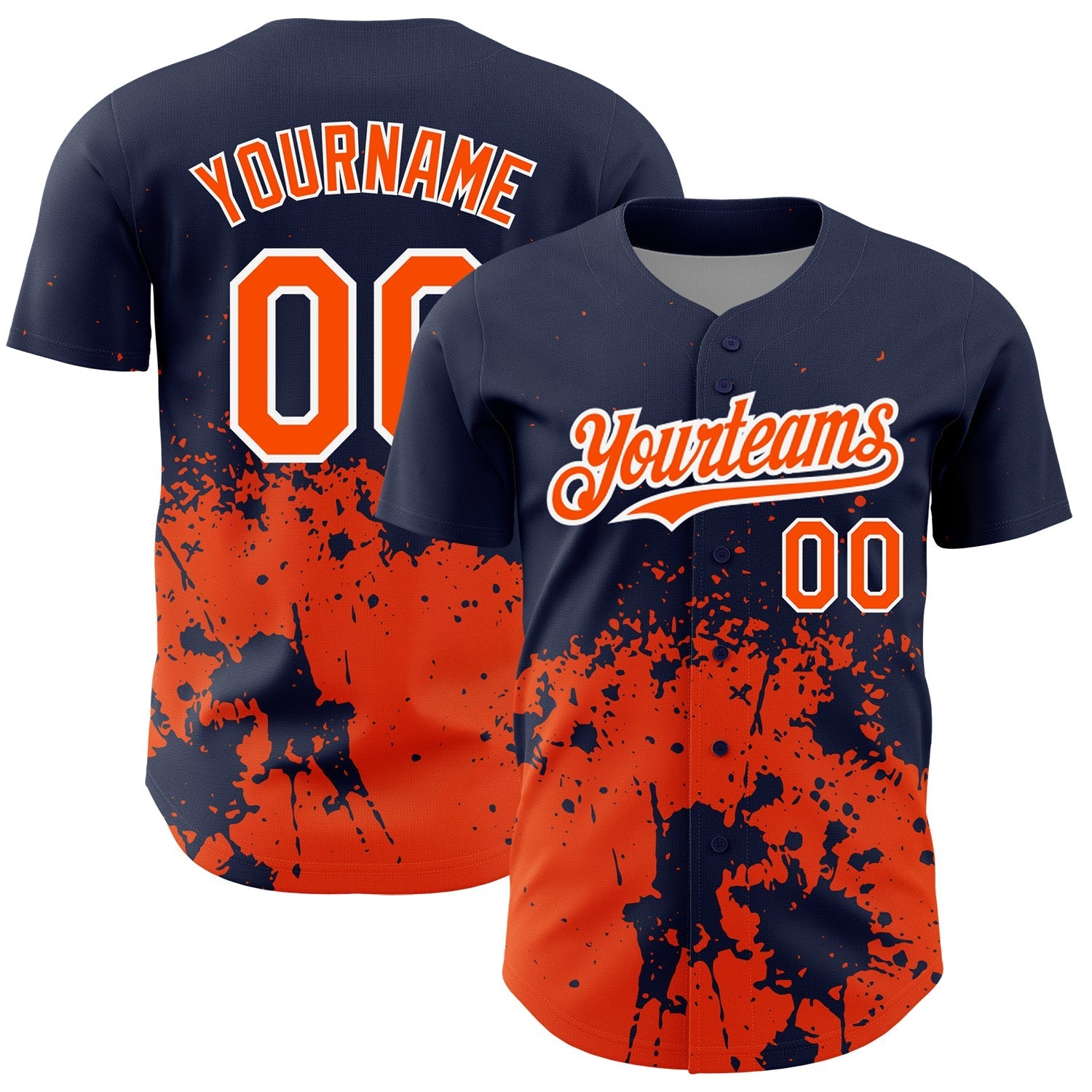 Custom Navy Orange-White 3D Pattern Design Abstract Splash Grunge Art Authentic Baseball Jersey baseball jersey product view 1
