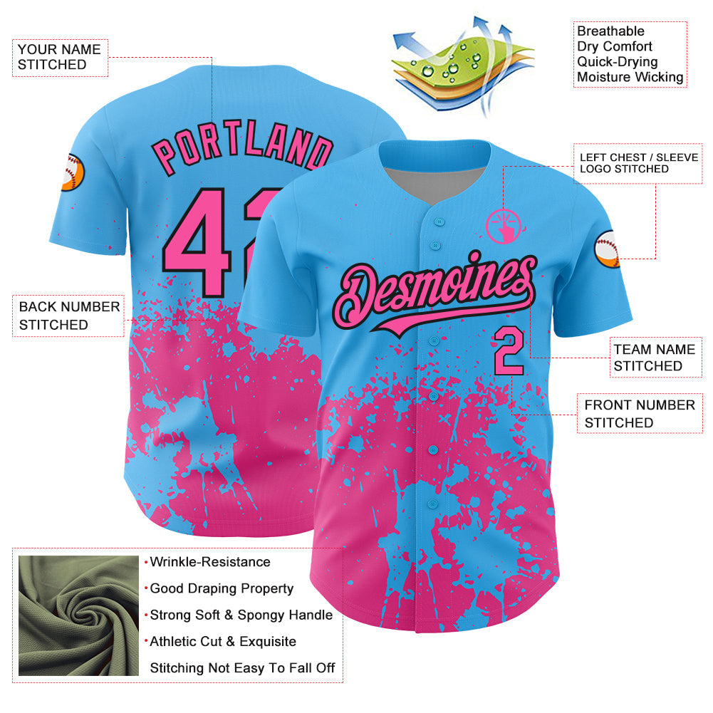 Custom Sky Blue Pink-Black 3D Pattern Design Abstract Splash Grunge Art Authentic Baseball Jersey baseball jersey product view 3