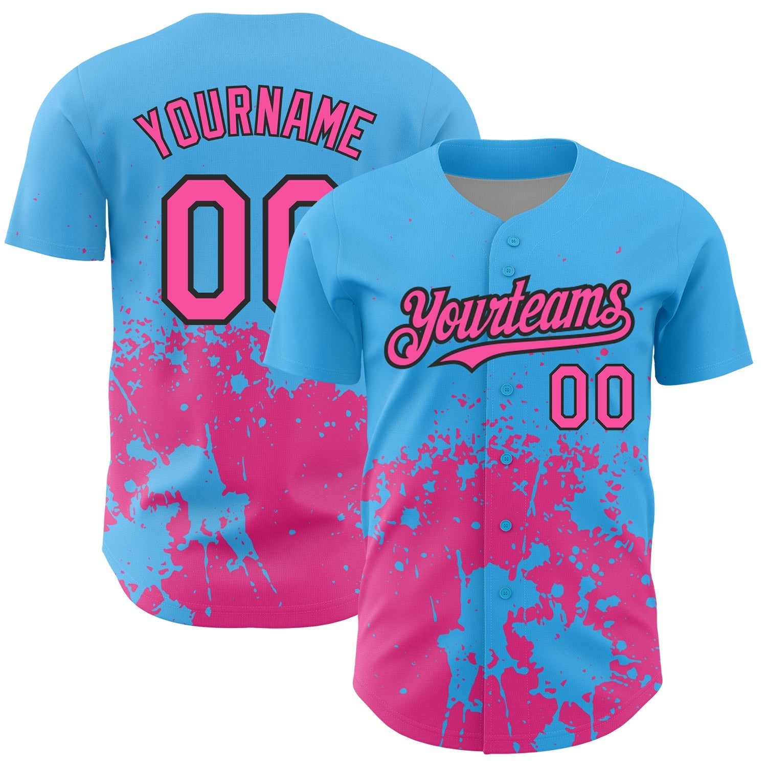 Custom Sky Blue Pink-Black 3D Pattern Design Abstract Splash Grunge Art Authentic Baseball Jersey baseball jersey product view 1