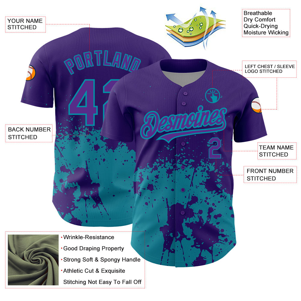 Custom Purple Teal 3D Pattern Design Abstract Splash Grunge Art Authentic Baseball Jersey baseball jersey product view 3
