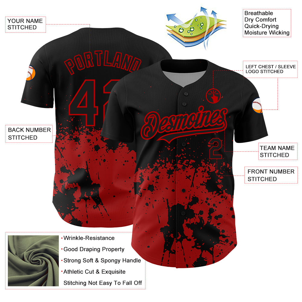 Custom Black Red 3D Pattern Design Abstract Splash Grunge Art Authentic Baseball Jersey baseball jersey product view 3