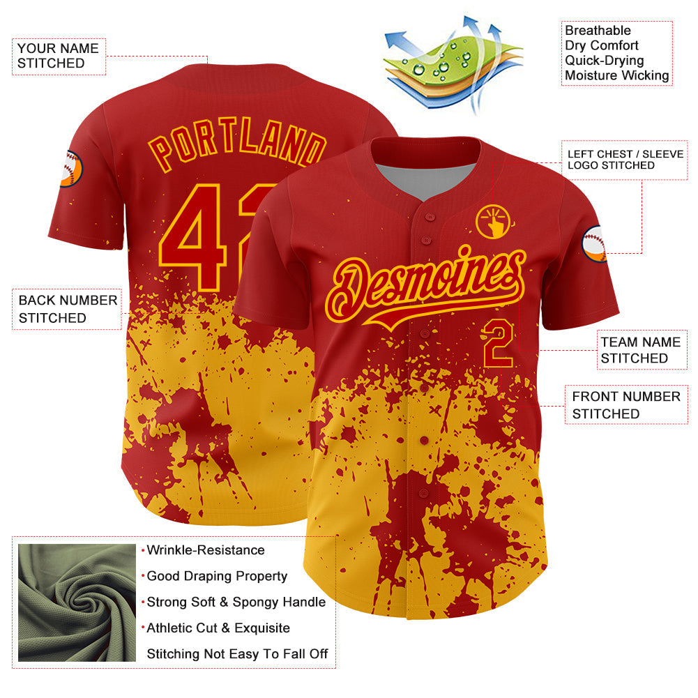 Custom Red Gold 3D Pattern Design Abstract Splash Grunge Art Authentic Baseball Jersey baseball jersey product view 3