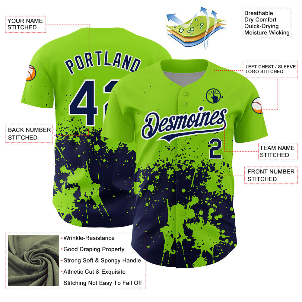 Custom Neon Green Navy-White 3D Pattern Design Abstract Splash Grunge Art Authentic Baseball Jersey baseball jersey product view 3