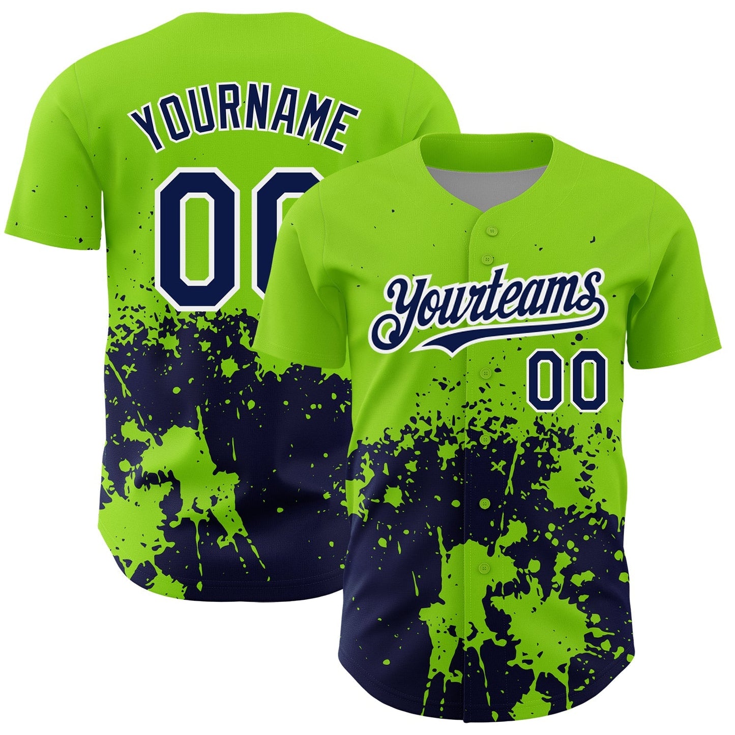 Custom Neon Green Navy-White 3D Pattern Design Abstract Splash Grunge Art Authentic Baseball Jersey baseball jersey product view 1