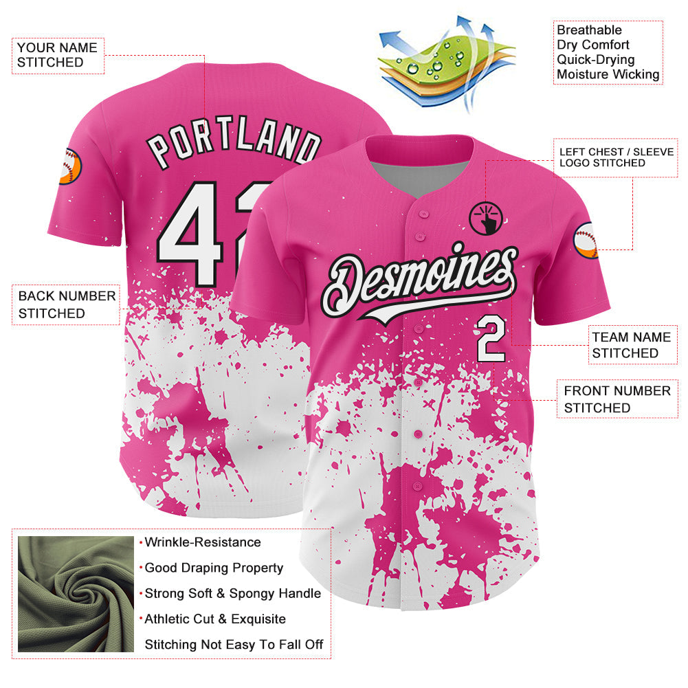 Custom Pink White-Black 3D Pattern Design Abstract Splash Grunge Art Authentic Baseball Jersey baseball jersey product view 3