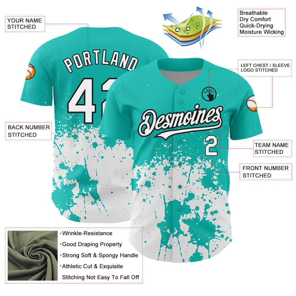 Custom Aqua White-Black 3D Pattern Design Abstract Splash Grunge Art Authentic Baseball Jersey baseball jersey product view 3