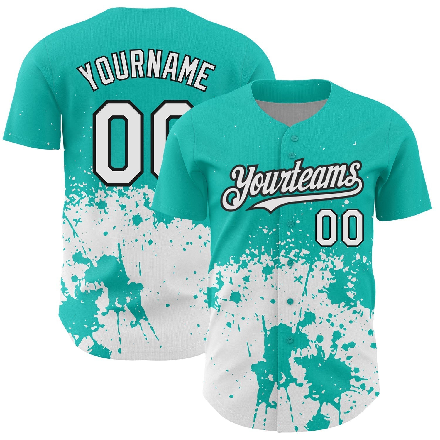 Custom Aqua White-Black 3D Pattern Design Abstract Splash Grunge Art Authentic Baseball Jersey baseball jersey product view 1