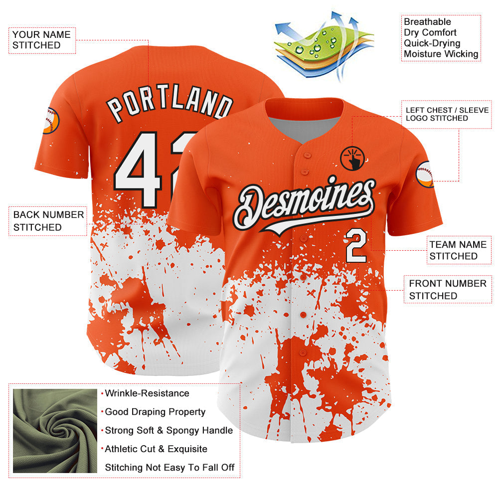 Custom Orange White-Black 3D Pattern Design Abstract Splash Grunge Art Authentic Baseball Jersey baseball jersey product view 3