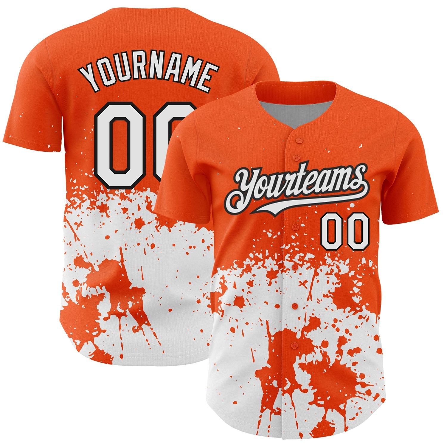 Custom Orange White-Black 3D Pattern Design Abstract Splash Grunge Art Authentic Baseball Jersey baseball jersey product view 1