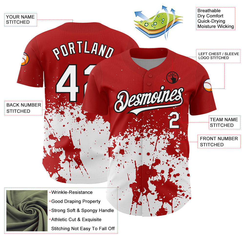 Custom Red White-Black 3D Pattern Design Abstract Splash Grunge Art Authentic Baseball Jersey baseball jersey product view 3