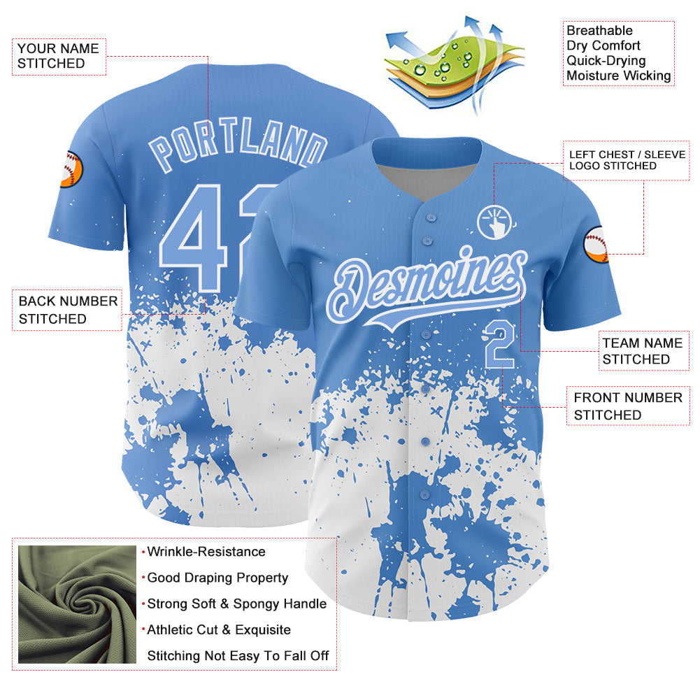 Custom Light Blue White 3D Pattern Design Abstract Splash Grunge Art Authentic Baseball Jersey baseball jersey product view 3