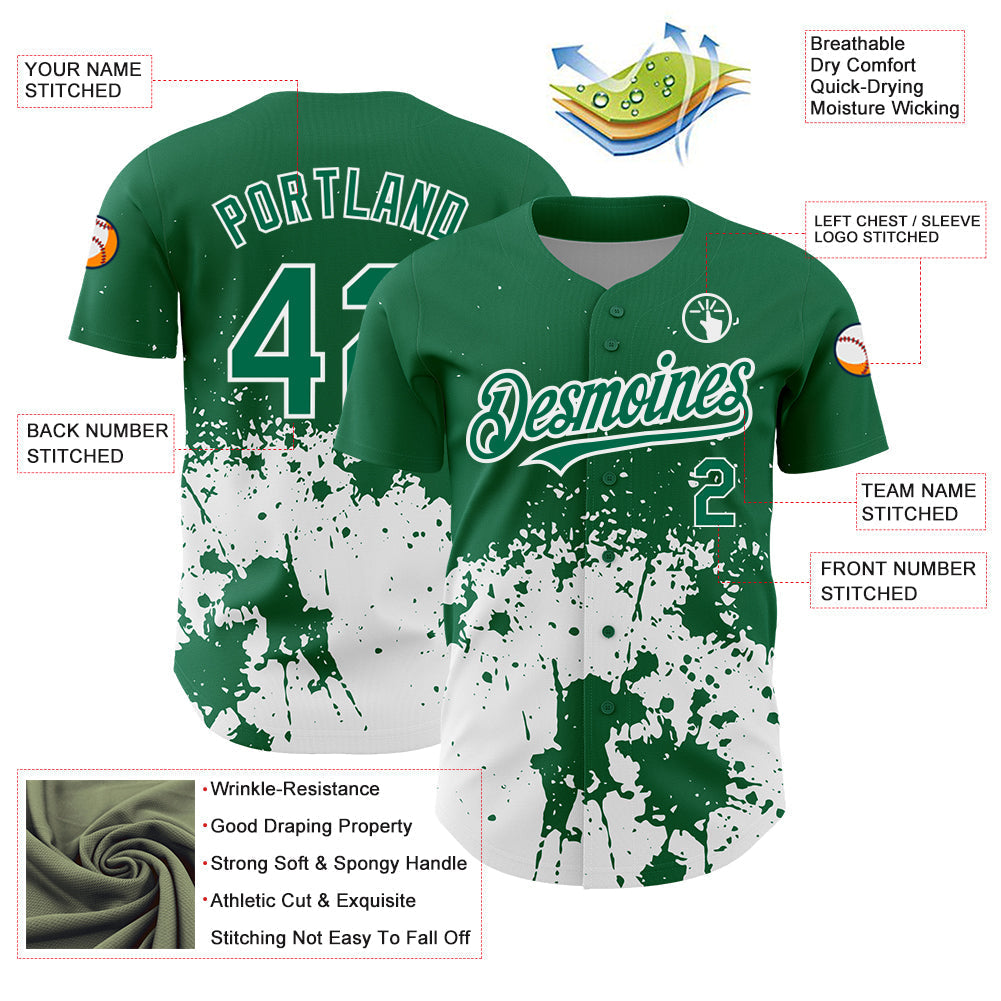Custom Kelly Green White 3D Pattern Design Abstract Splash Grunge Art Authentic Baseball Jersey baseball jersey product view 3