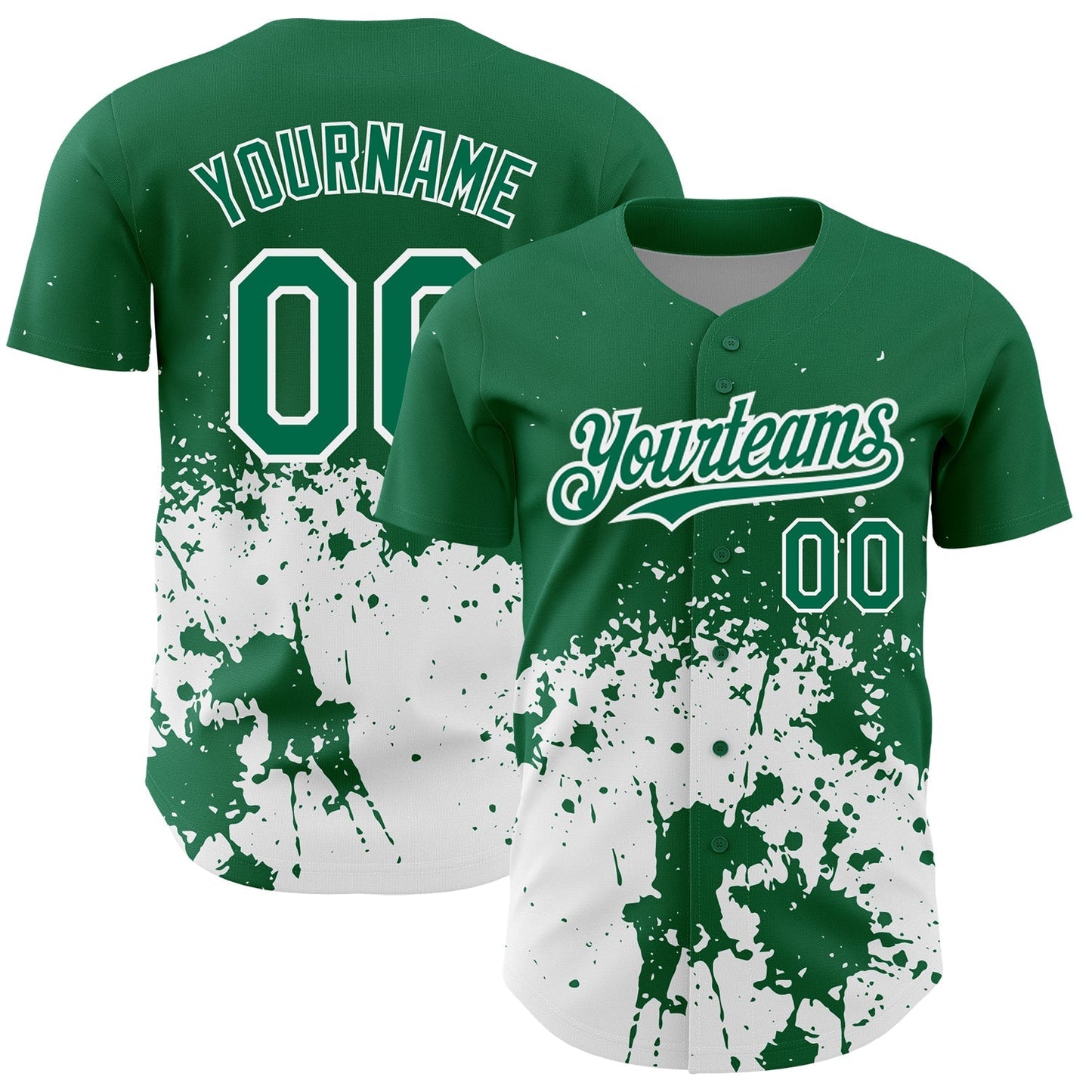 Custom Kelly Green White 3D Pattern Design Abstract Splash Grunge Art Authentic Baseball Jersey baseball jersey product view 1