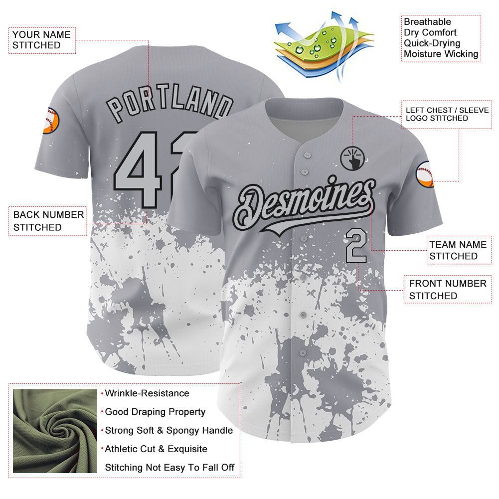 Custom Gray Black-White 3D Pattern Design Abstract Splash Grunge Art Authentic Baseball Jersey baseball jersey product view 3