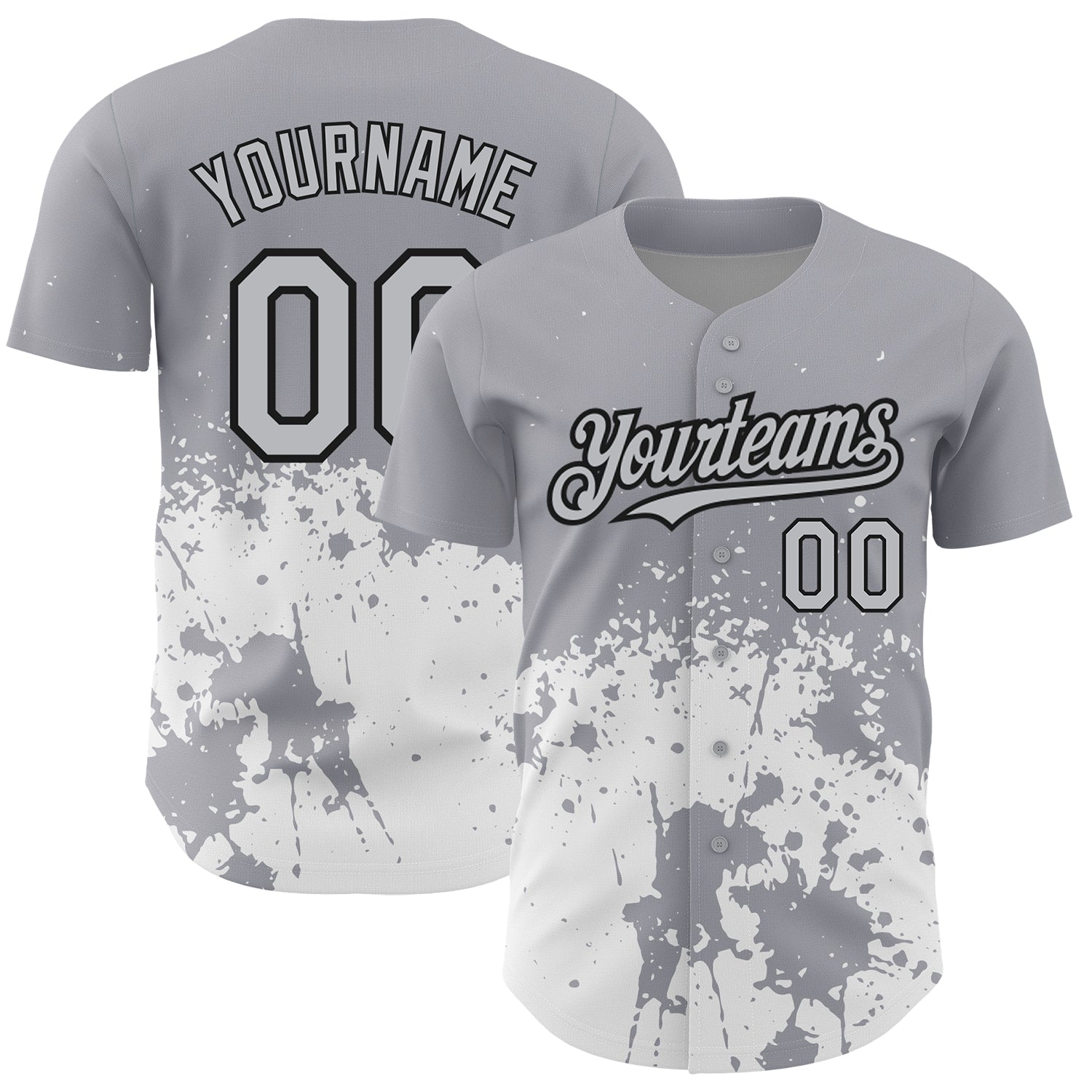 Custom Gray Black-White 3D Pattern Design Abstract Splash Grunge Art Authentic Baseball Jersey baseball jersey product view 1