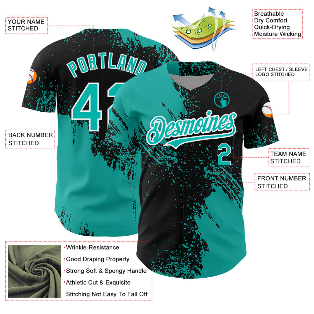 Custom Black Aqua-White 3D Pattern Design Abstract Brush Stroke Authentic Baseball Jersey baseball jersey product view 3