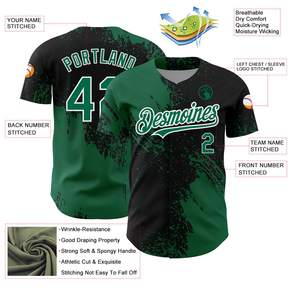 Custom Black Kelly Green-White 3D Pattern Design Abstract Brush Stroke Authentic Baseball Jersey baseball jersey product view 3