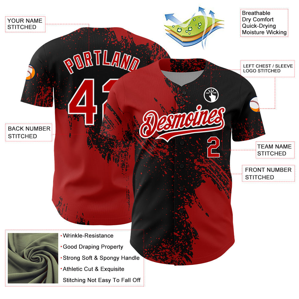 Custom Black Red-White 3D Pattern Design Abstract Brush Stroke Authentic Baseball Jersey baseball jersey product view 3
